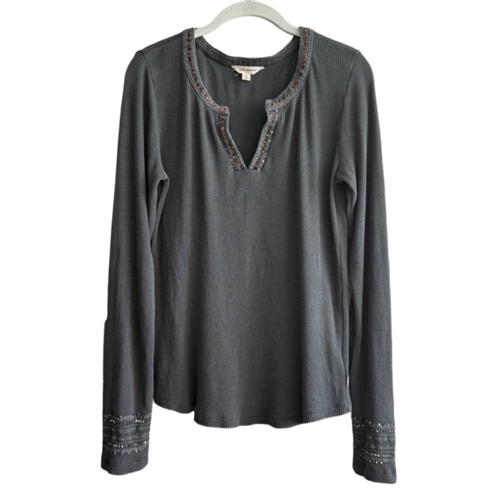 Lucky Brand Waffle Knit Tee Embroidered Cotton Long Sleeve Dark Gray Size M